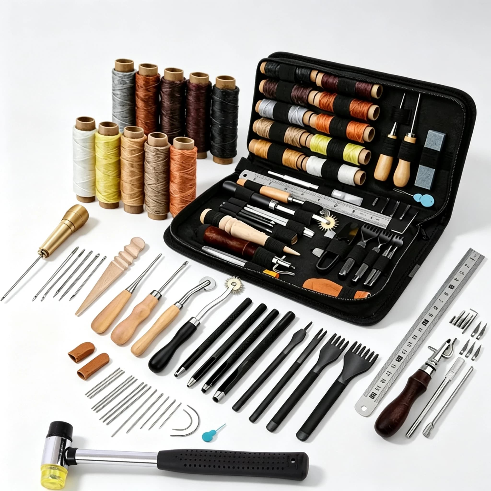 Professional Leather Craft Tools Kit, Hand Sewing Punch Carving Set with Waxed Thread, Hammer & Needles for DIY Leatherworking
