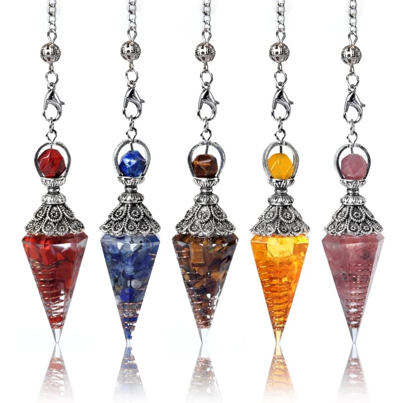 18x60mm Natural Gravel Resin Hexagonal Cone Pendulum Pendant Colorful Crystal Antique Red Bronze Flower Rest Spirit Pendulum