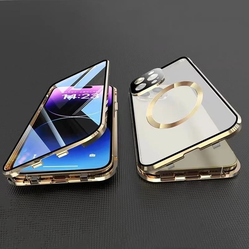 Custodia Magnetica in Metallo per iPhone Magsafe 17 Pro Max 16 15 14 13 12 Pro Max Plus con Protezione Lente e Vetro Doppio Lato, Chiusura a Scatto