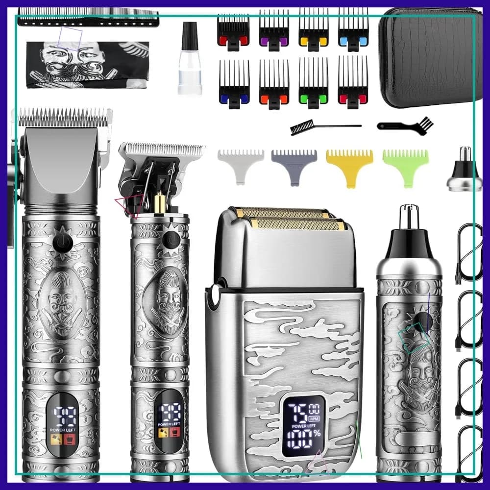 Kit di toelettatura 4 in 1: tagliacapelli, regolabarba, rasoio a lamina e tagliacapelli per naso con display LCD