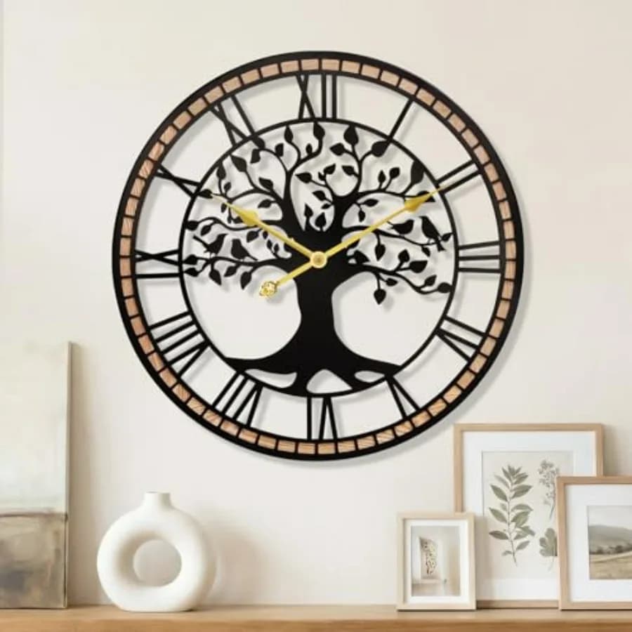 Grande Orologio da Parete 24 Pollici Albero della Vita in Metallo e Legno con Design Uccelli, Orologio Decorativo Silenzioso per Soggiorno Stile Rustico