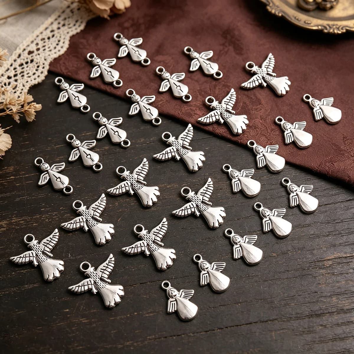 27-Piece Set of Angel DIY Handmade Accessories, Featuring Simple Heart Angels and Large Winged Embossed Angels, Suitable for DIY Bracelets, Necklaces, Earrings, Pendants, and Handmade Beaded Decoration Accessories