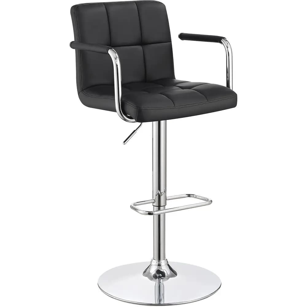 Sgabello da Bar Regolabile in Pelle con Braccioli e Schienale, Design Trapuntato, Base Cromata, Poggiapiedi - Per Bar Domestico, Cucina - Nero e Cromato