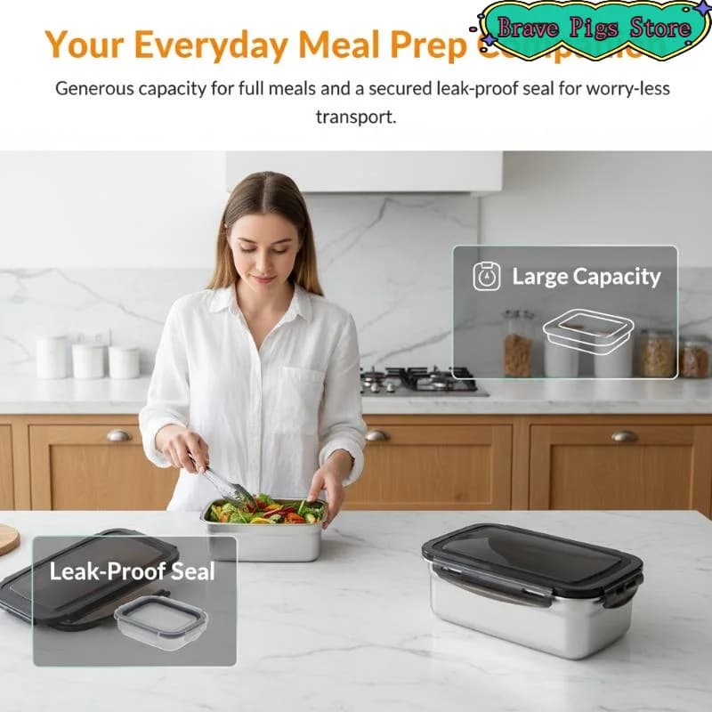 [HM]Food Fresh Keeping Box Sealed Lid Stainless Steel Container Crisper Lunch Meal Prep Storage Fridge Kitchen Set Square Bowl