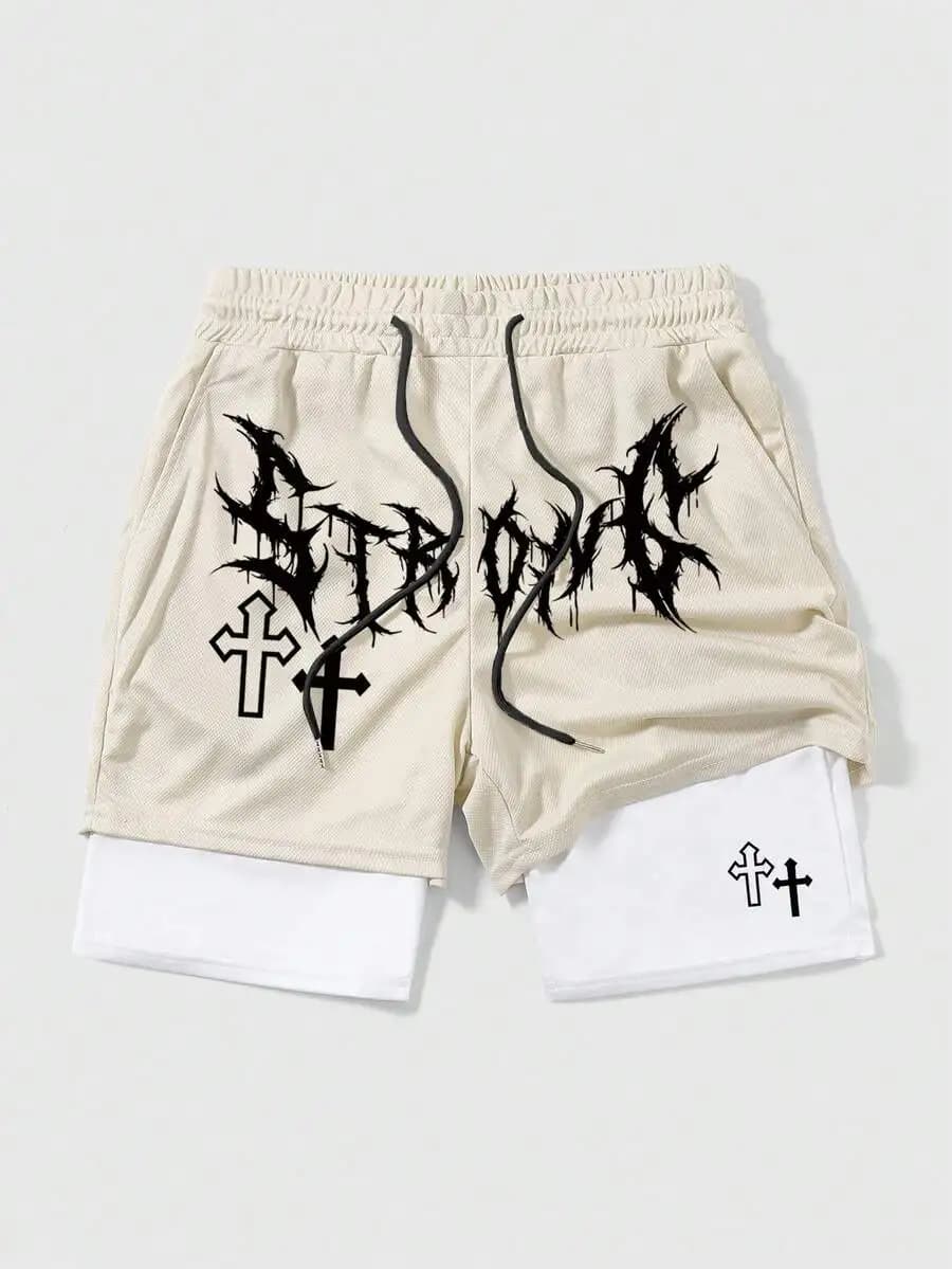 Gothic-Inspired 2-in-1 Breathable Mesh Shorts For Men, Featuring Distressed Lettering And Cross Motifs, Ideal For Summer Casual