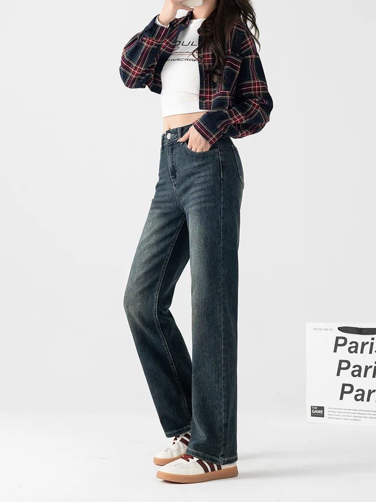 Retro Slim Straight Denim Jeans Women's High Waist Fleece Lined Fashionable Casual Cotton Stretch Bootcut Trousers