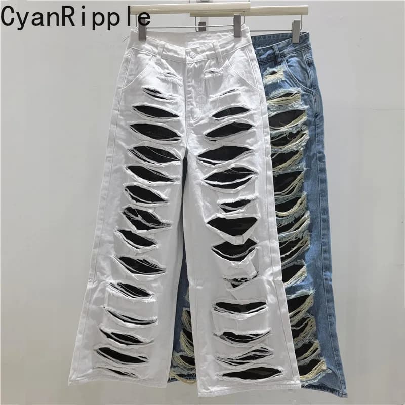 American Retro Washed Double-layer Hole Denim Pants All-match Hot Girls Punk Mopping Floor Wide Leg Loose Straight Women Jeans