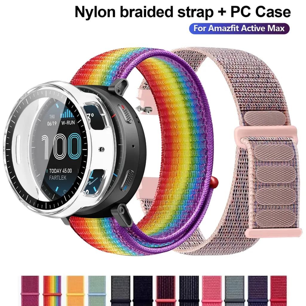 Set di cinturino in nylon intrecciato e cinturino in velcro e protezione per la cassa in vetro temperato per accessori per smartwatch Amazfit Active Max