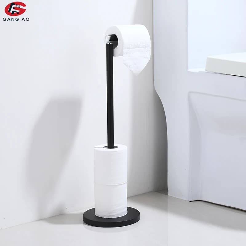Portarotolo da terra autoportante con vano portaoggetti, in finitura spazzolata per bagno
