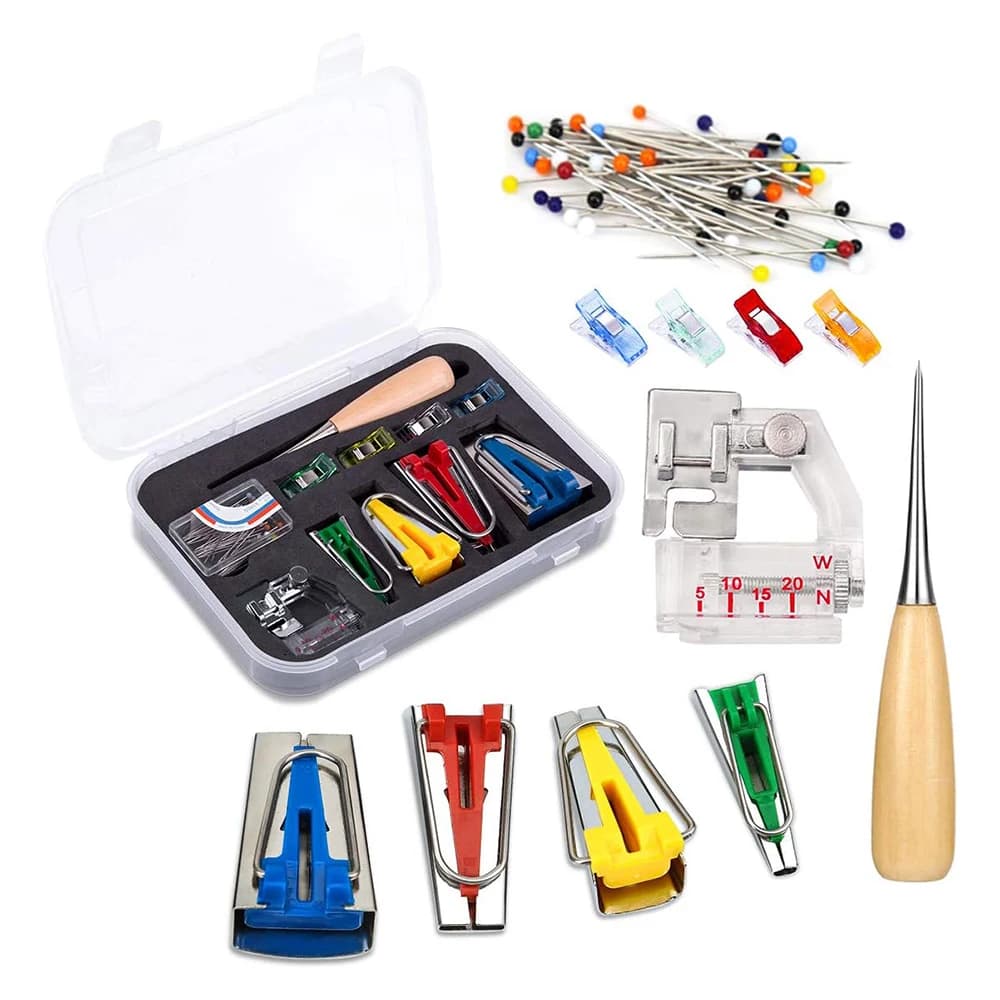 Set per la creazione di nastro a biais, kit per la creazione di biais in 5 misure, piedino per cucire, punzone, clip, aghi per perline - per quilting e la creazione di strisce di tessuto a biais