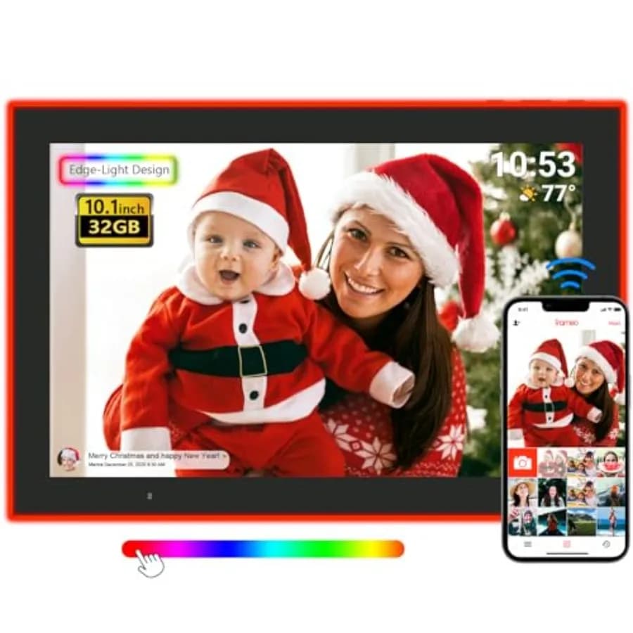 Cornice digitale WiFi FRAMEO, cornice per foto con design Edge-Light da 32 GB, schermo touch HD IPS con luce LED, montabile a parete, facile da configurare