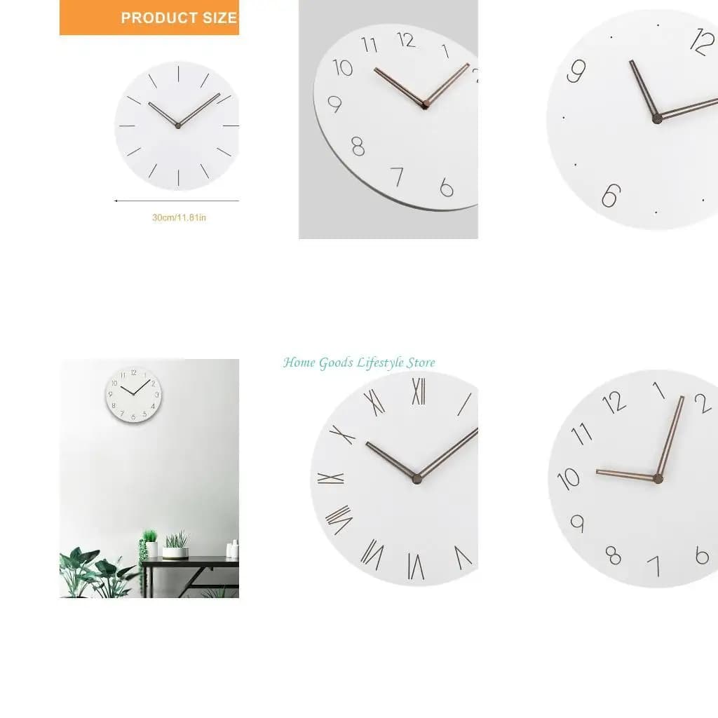 E74E Orologio da parete minimalista in legno bianco da 12 pollici, funzionamento silenzioso a batteria