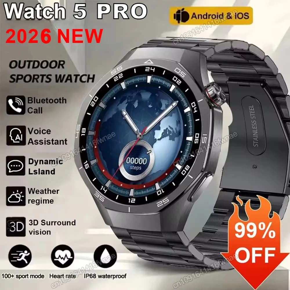 Smartwatch GPS Tracker Watch 5 Pro Man, AMOLED 360*360 Screen, NFC and Bluetooth Calls, Waterproof, Health Monitoring, Sporty, 2026