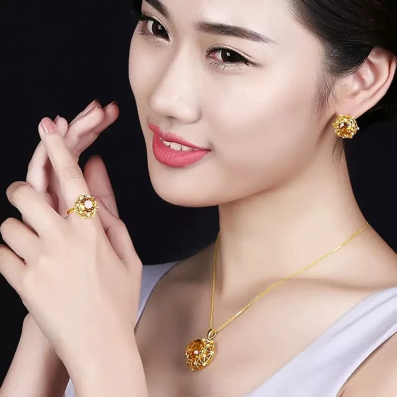 Set di anello, orecchini e collana con cristalli gialli naturali imitati, esagerati, da 10 carati, adatti per matrimoni femminili, alla moda.