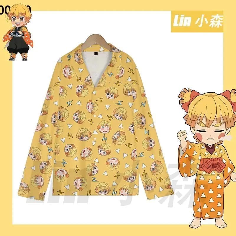 Pigiama Estivo Carino Demon Slayer Zenitsu 2 Pezzi, Set da Casa a Maniche Corte con Risvolto, Morbido e Comodo, Abbigliamento Casual per Casa e Notte per Donne e Ragazze