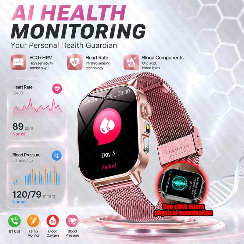 New Original Women Customized AI Health Smart Watch ECG+HRV BP SpO2 Heart Rate Blood Fat Temp Monitor BT Call Smartwatch Gift HD