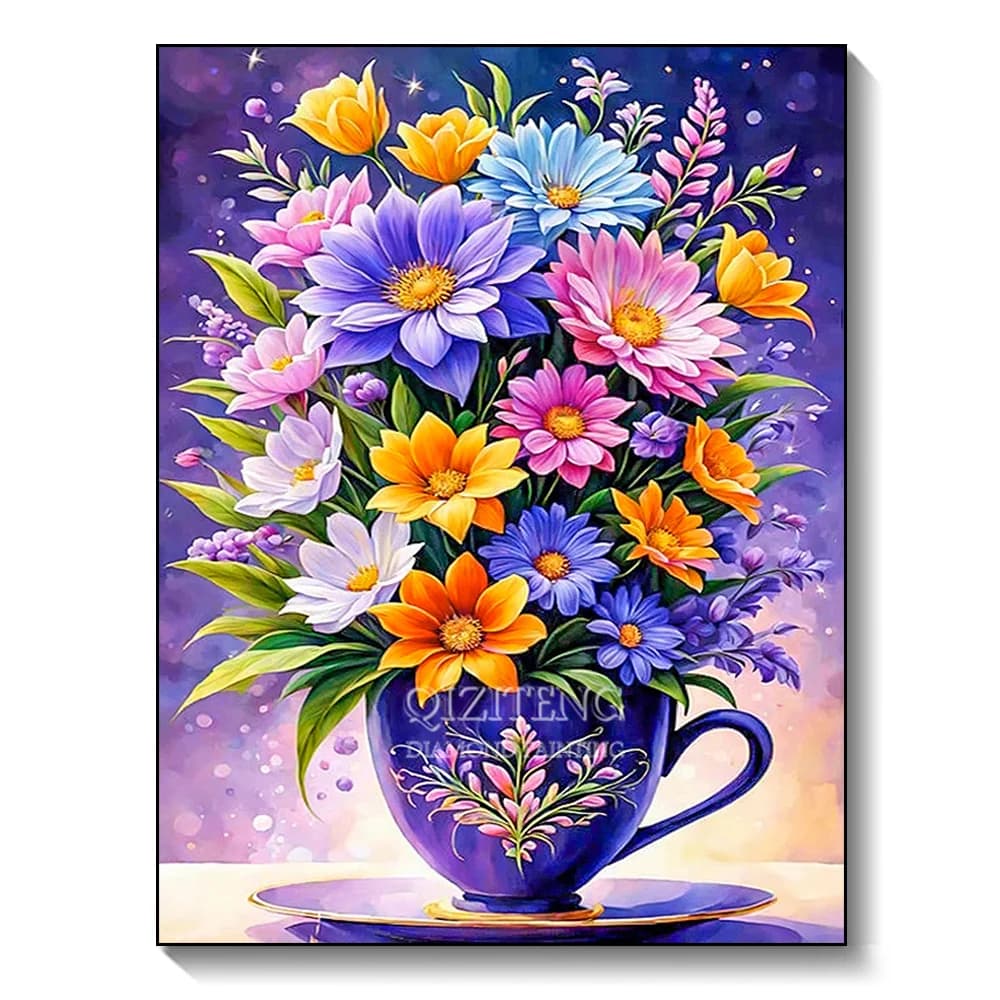 Nuova collezione 2024 Pittura diamante Bouquet in tazza Colore Fiore Arte Diamante pieno Mosaico Punto croce Kit Decorazione della parete di casa Regali