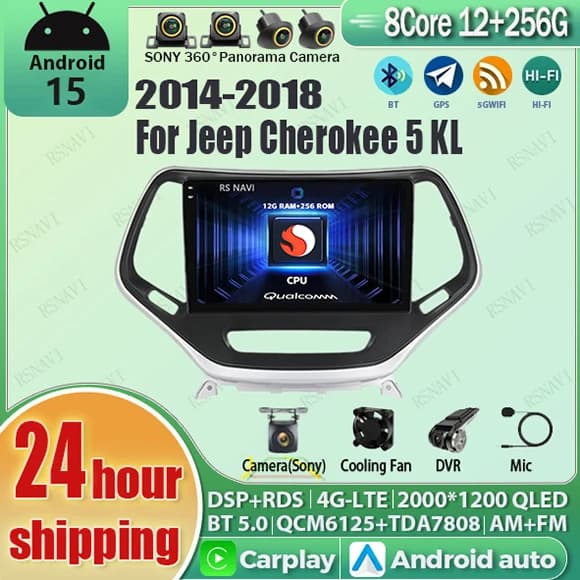 Android 15 Carplay Auto Qualcomm 2K QLED Schermo Lettore di autoradio per Jeep Cherokee 5 2014-2018 GPS Wifi Multimedia 4G Stereo BT