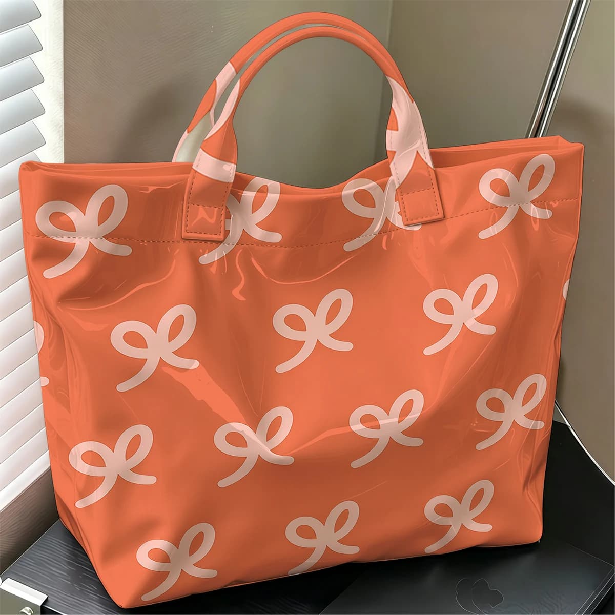 OrangeLight Pink Bow Hot Sale Large Glossy PVC Tote Bag Hand Washable Waterproof Great for Travel Commute Makeup Storage Handbag