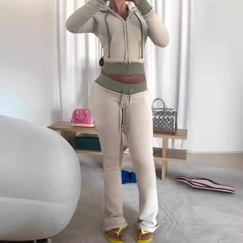 STYLISH LADY Hooded Two Piece Set Women Zip Up Cropped Hoodie Ruffle Trim Low Waist Flare Pants Casual Sport Tracksuit Outfit
