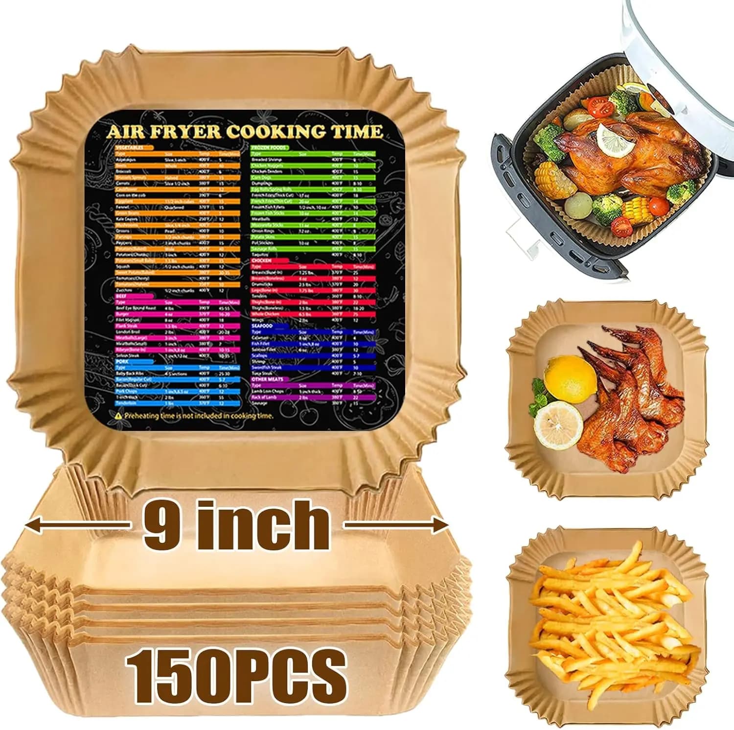 150 Pezzi di Fogli di Carta da Forno Antiaderenti da 9 Pollici per Friggitrice ad Aria, per Cestelli da 5-8QT, Resistenti all'Olio, Facili da Pulire