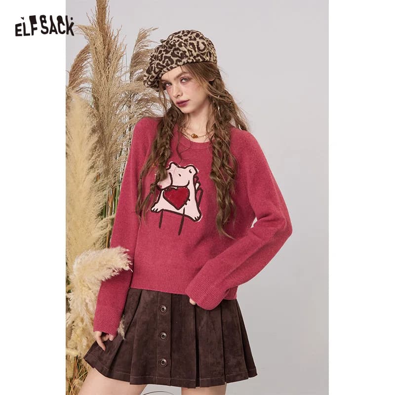 ELFSACK 2025 nuovi arrivi invernali casual girocollo cartone animato ricamo maglione ampio per donna