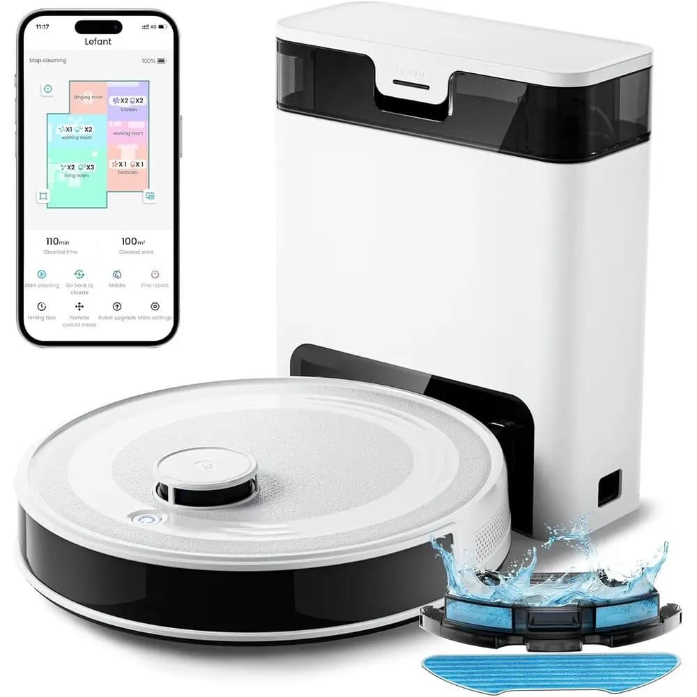 Robot Vacuum Cleaner and Washing Equipment Combo, Automatic Vacuuming with 8 Autonomy Weeks and Double Option Powder Container, 6000Pa Vacuum Cleaner with Precision Mapping, 24