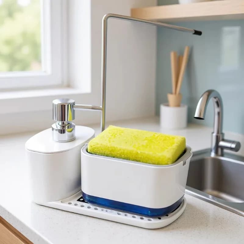 1pcs Press Type Soap Dispenser ABS Kitchen Bathroom 2-in-1 Soap Pump with Drain Tray Sponge Holder