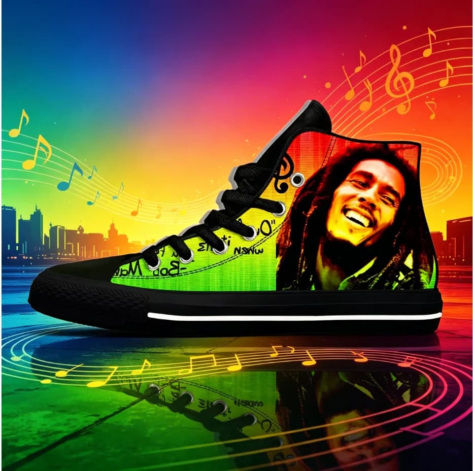 Sneakers alte da passeggio Bob Marley, antiscivolo, resistenti all'usura, con stampa reggae, unisex, per lo street style.