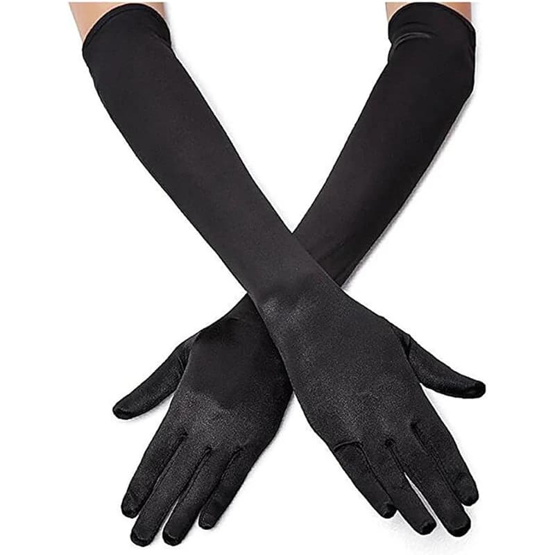 Black Satin Gloves Velvet Bag Finger Elbow Length Banquet Bridal Evening Ball Party