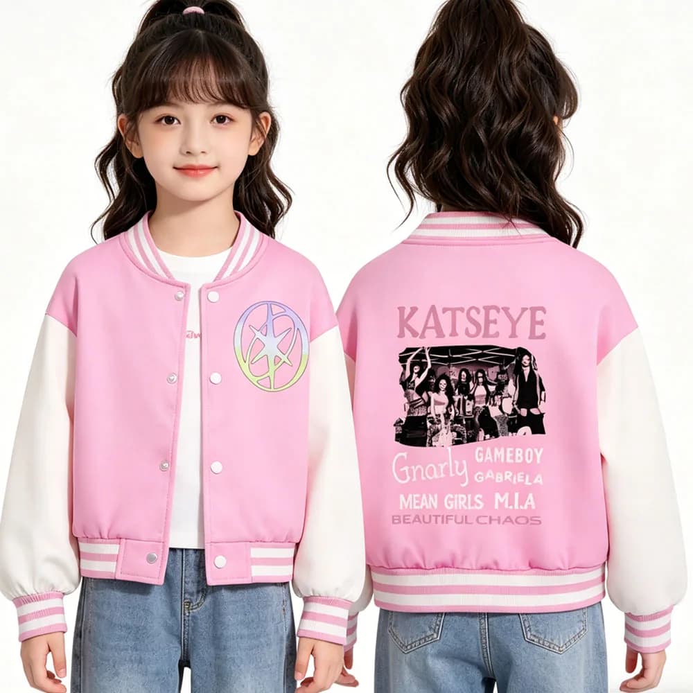 KATSEYE Printing Kids Short Baseball Jacket Spring Autumn Cropped Varsity Jacket for Girls Boys Casual Streetwear