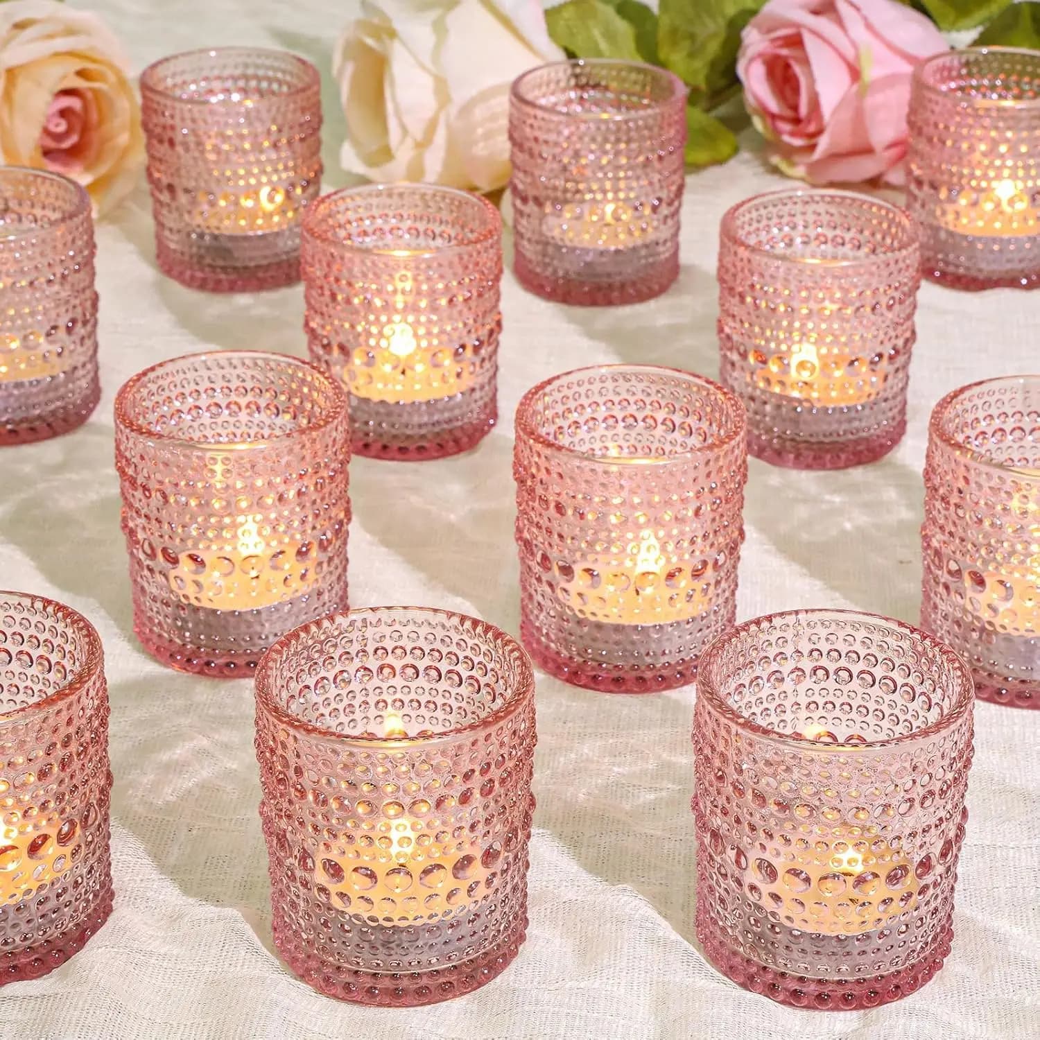 24 Pink Glass Candle Holder for Weddings, Celebrations, Decorative Centerpiece for Home