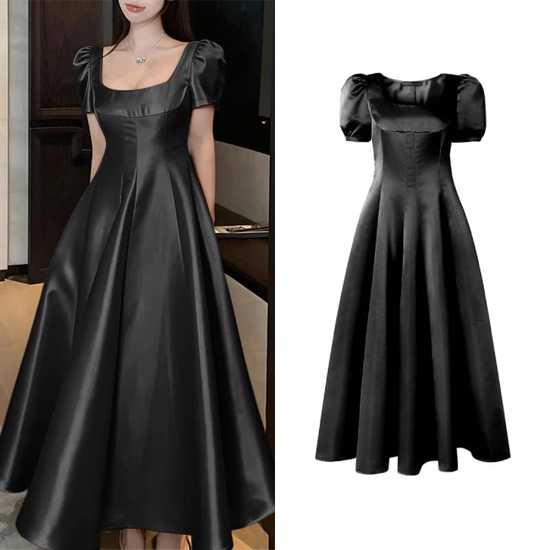 ZANZEA Abito lungo elegante da donna in raso per feste, sexy, con scollo quadrato, maniche corte a sbuffo, linea ad A, abito lungo da invitata a matrimoni, abito da cocktail