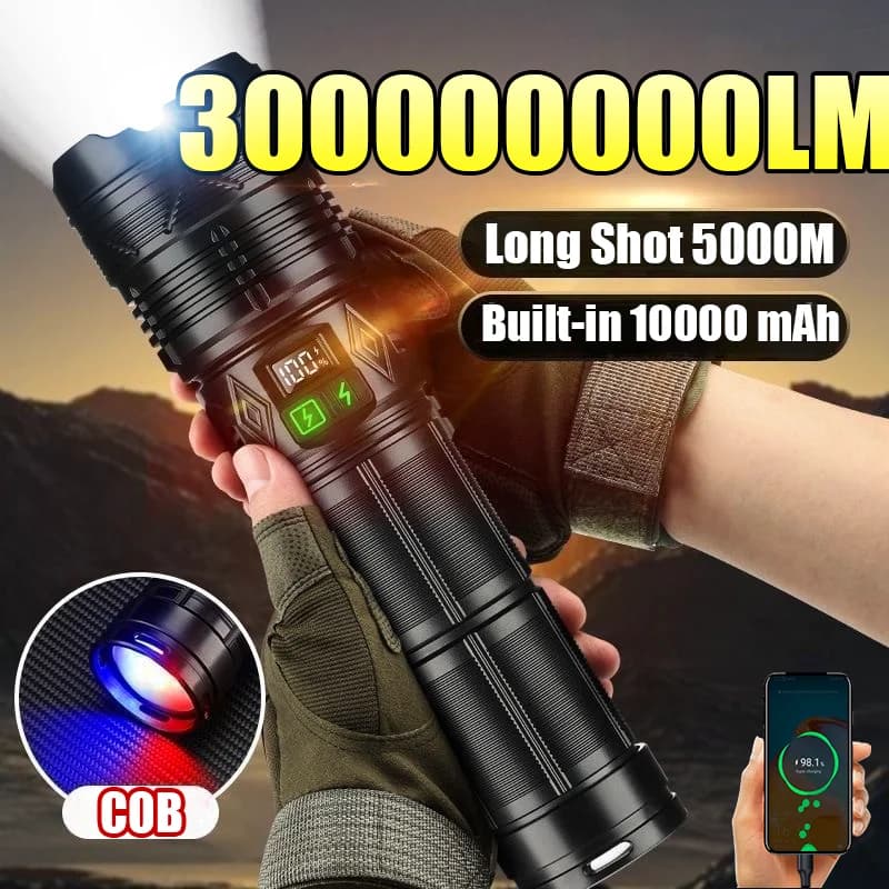 300000000LM Torcia LED ultra luminosa Torcia zoom ricaricabile USB Torcia tattica ABS 5000M Lampada da lavoro per pesca da campeggio