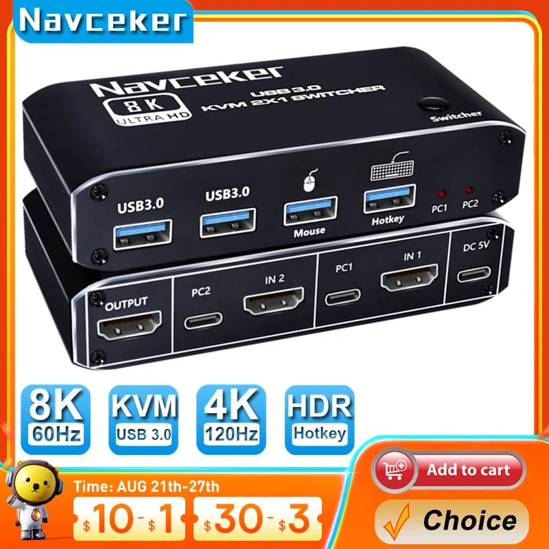 Navceker 8K KVM HDMI compatible switch 4K 120Hz 2 ports HD KVM Switcher Box USB for Shared Monitor Keyboard and Mouse PC Printer