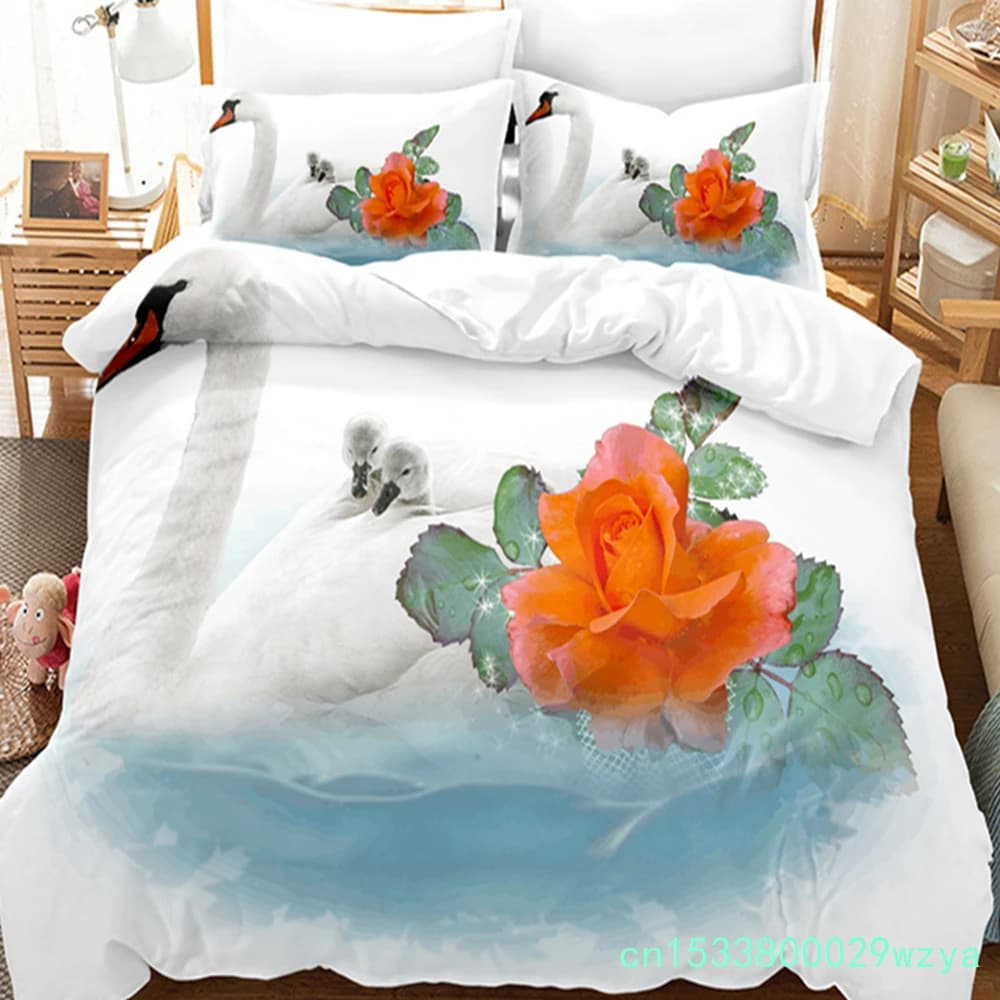 White Swan Bedding Sets Cartoon Animal Kid‘s Duvet Cover Boys Girls Cute King Quilt Cover Bedroom Bed Set Queen Bedding Set