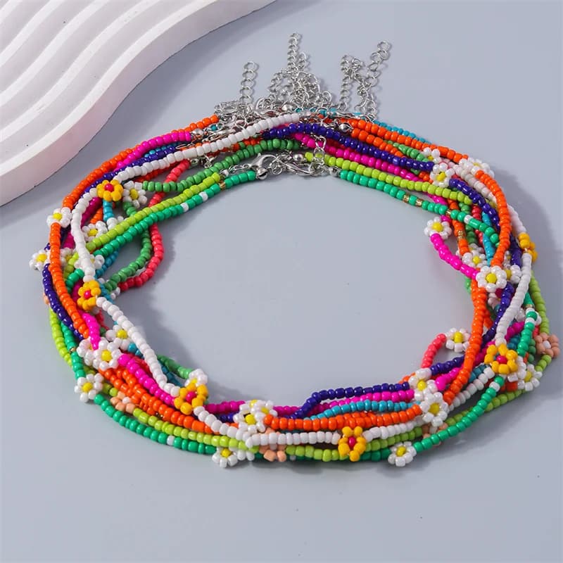 Aihua Colorful Flowers Seed Beads Necklace for Women Friendship Necklace for Kids Jewelry Gifts for Summer Beach Celebrations