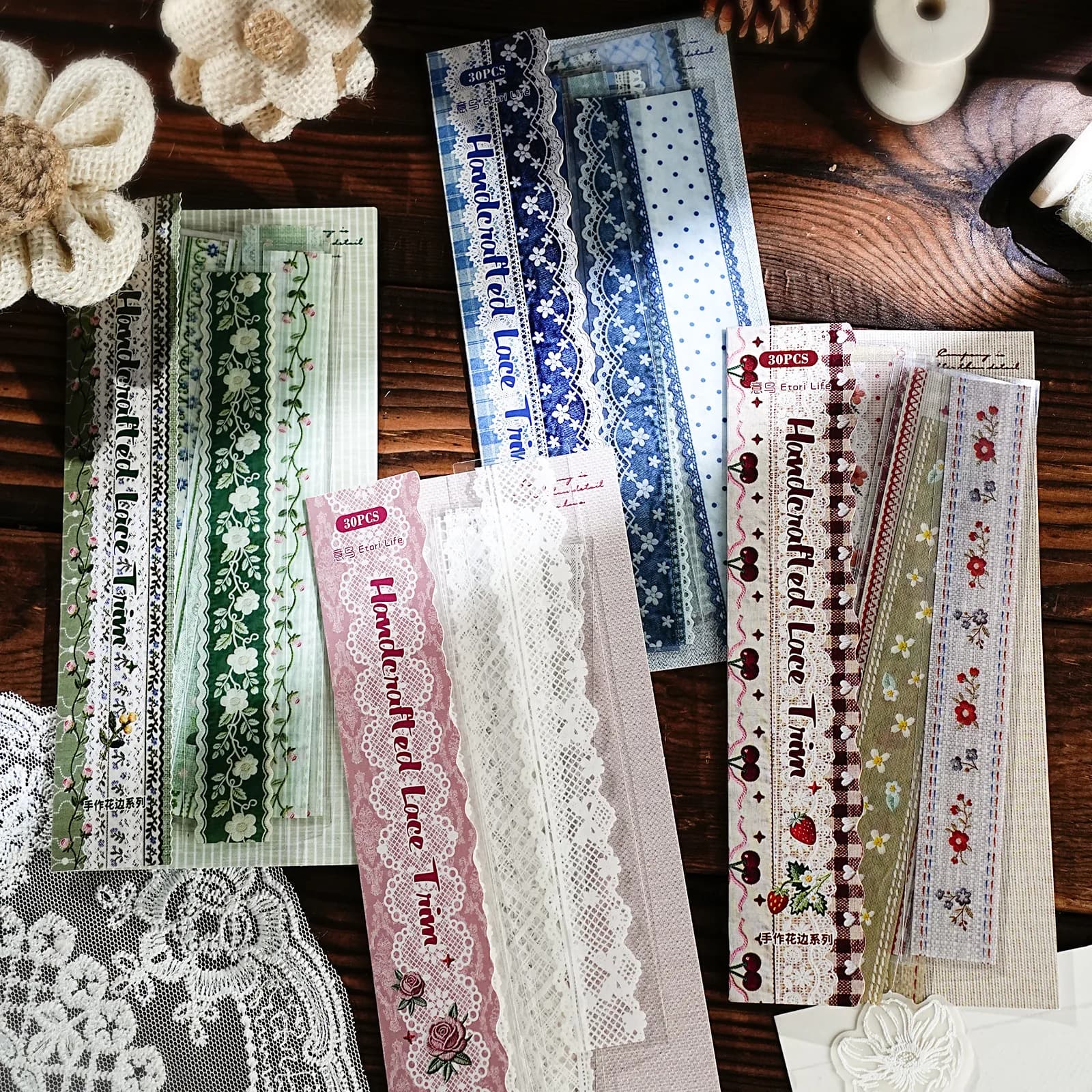 Mr.Paper 30Pcs/Pack Handcrafted Lace Trim Series Vintage Lace & Floral PET Sticker Pack for Journal Scrapbook DIY Decor