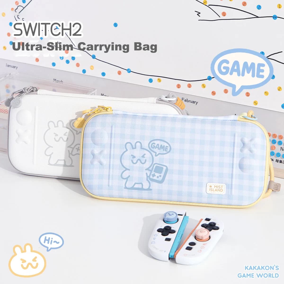 Custodia rigida sottile compatibile con Switch 2 - Borsa portaoggetti ultra sottile NS2 (2025) con design Kakakon, Blue Check/Aurora White