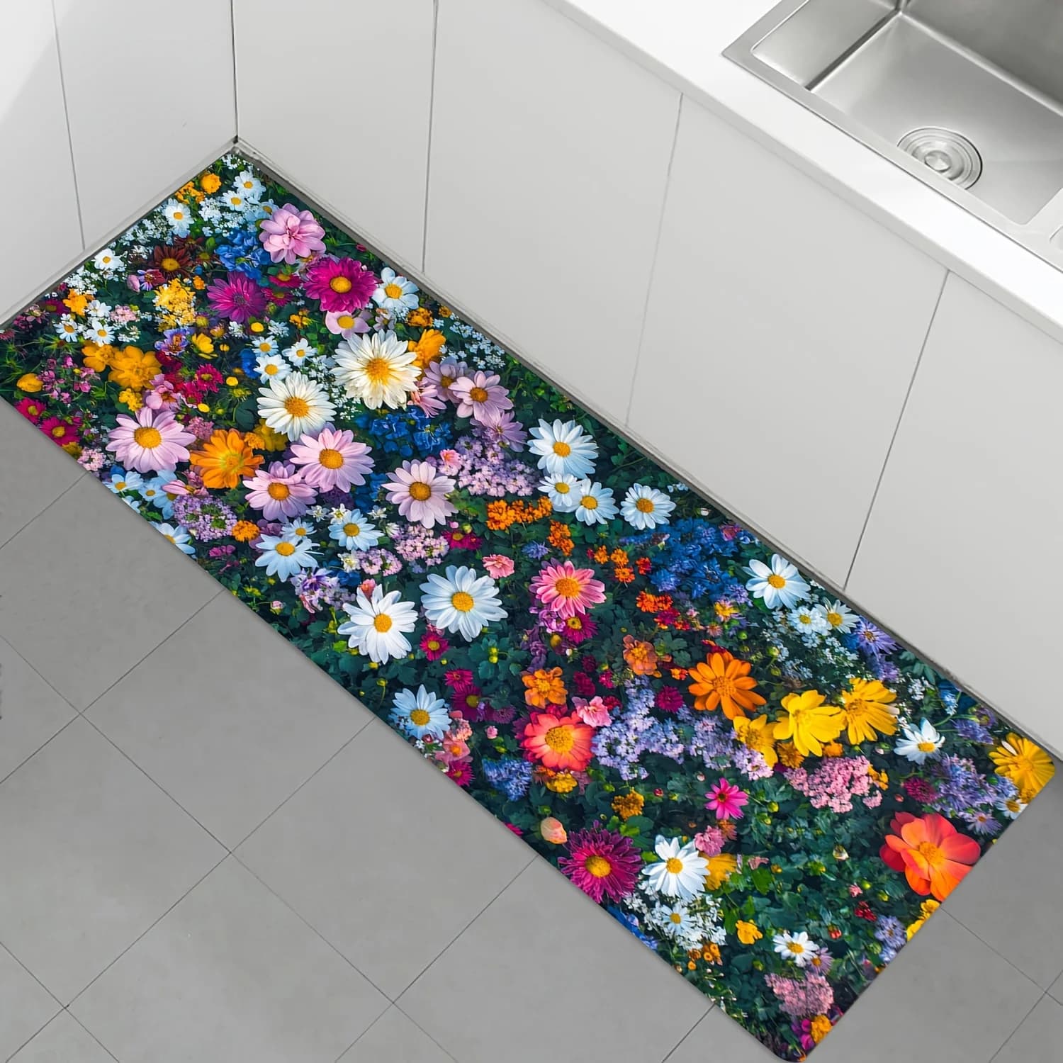 Tappeto da cucina e bagno Vibrant Wildflower Meadow, tappeto lungo antiscivolo morbido e assorbente con stampa floreale colorata per giardino e casa