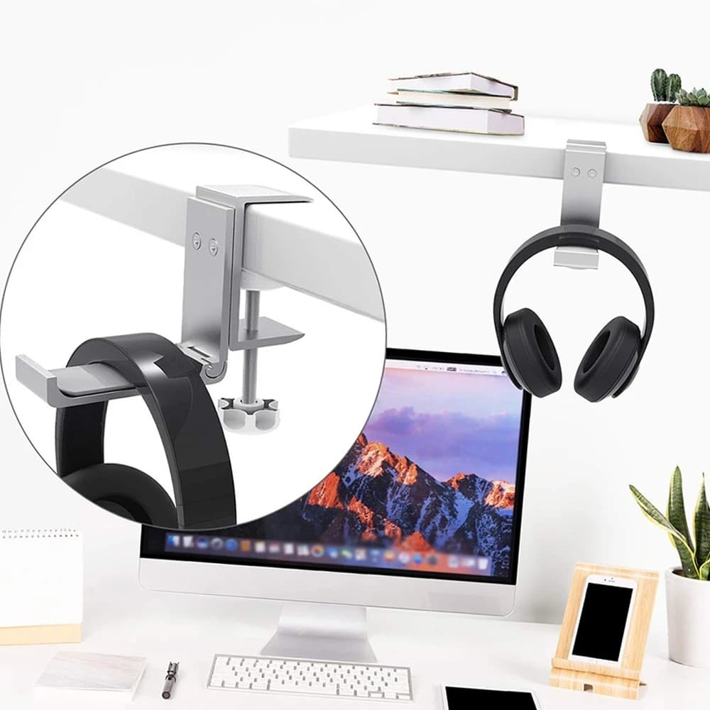 Universal Headset Hanger Headphone Hook Holder Desk Mount Stand Aluminum Alloy with Foldable Clamp Supports Horizontal