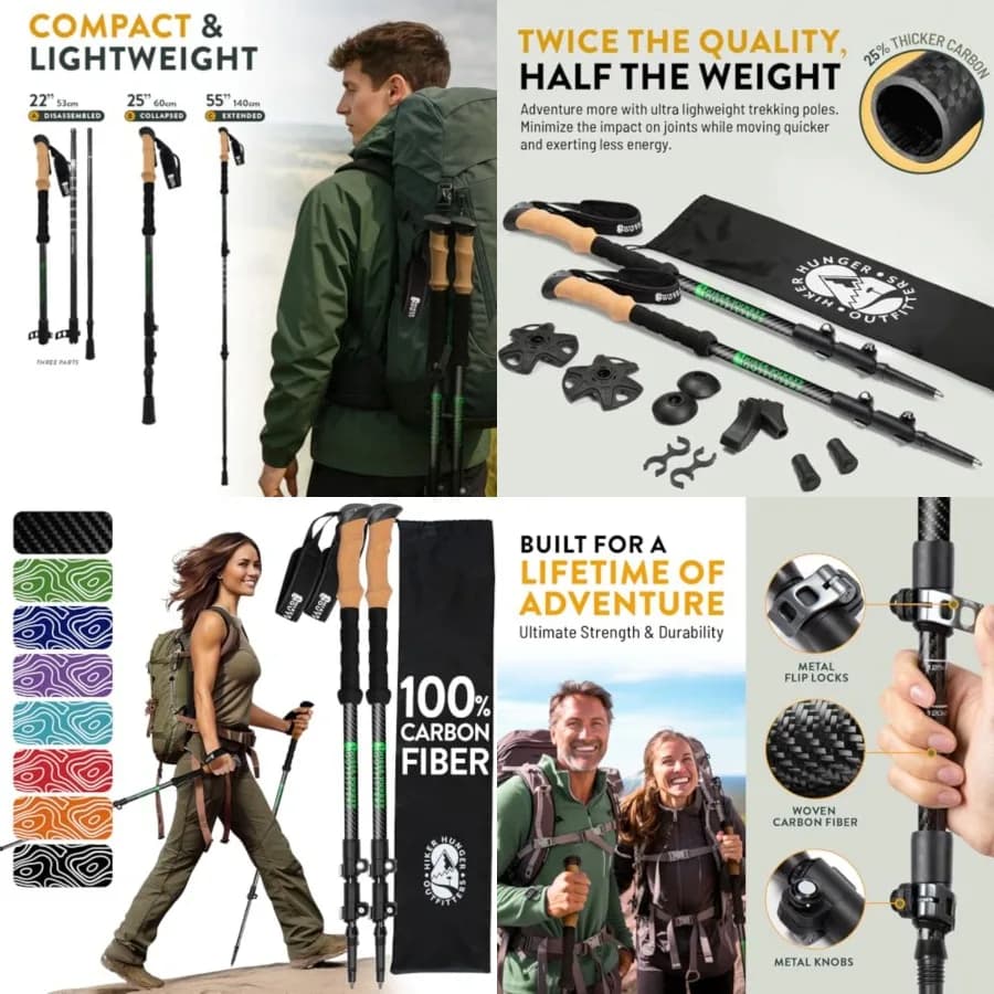 Bastoncini da Trekking in Fibra di Carbonio 100% del Marchio USA, Ultra Resistenti e Leggeri, Pieghevoli con Impugnature a Regolazione Rapida