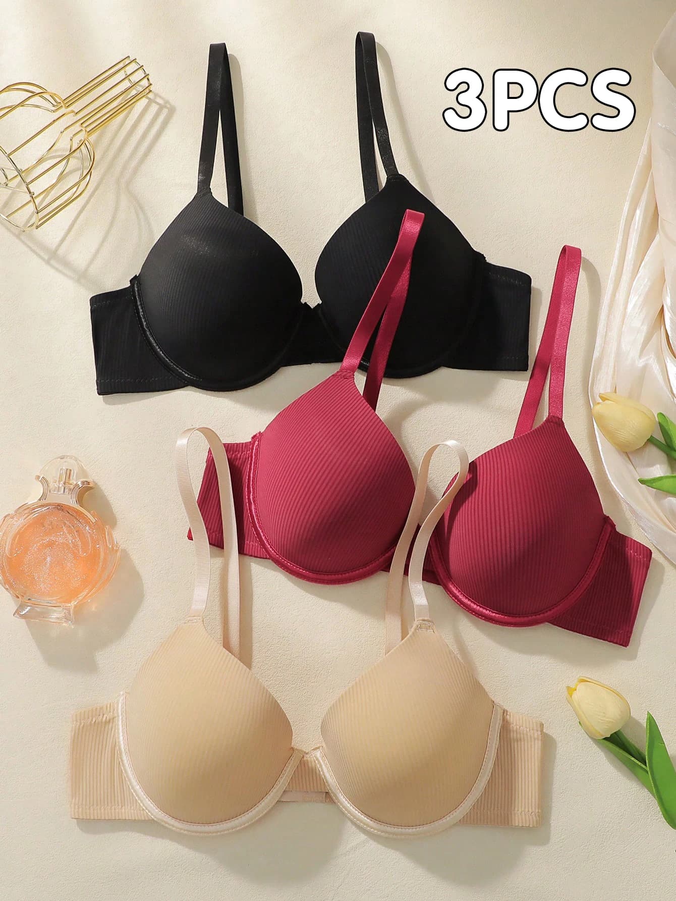 Reggiseno con ferretto da donna in tinta unita da 3 pezzi Reggiseno con t-shirt a copertura totale con comodo imbottitura da indossare tutti i giorni Lingerie morbida 70B-85B