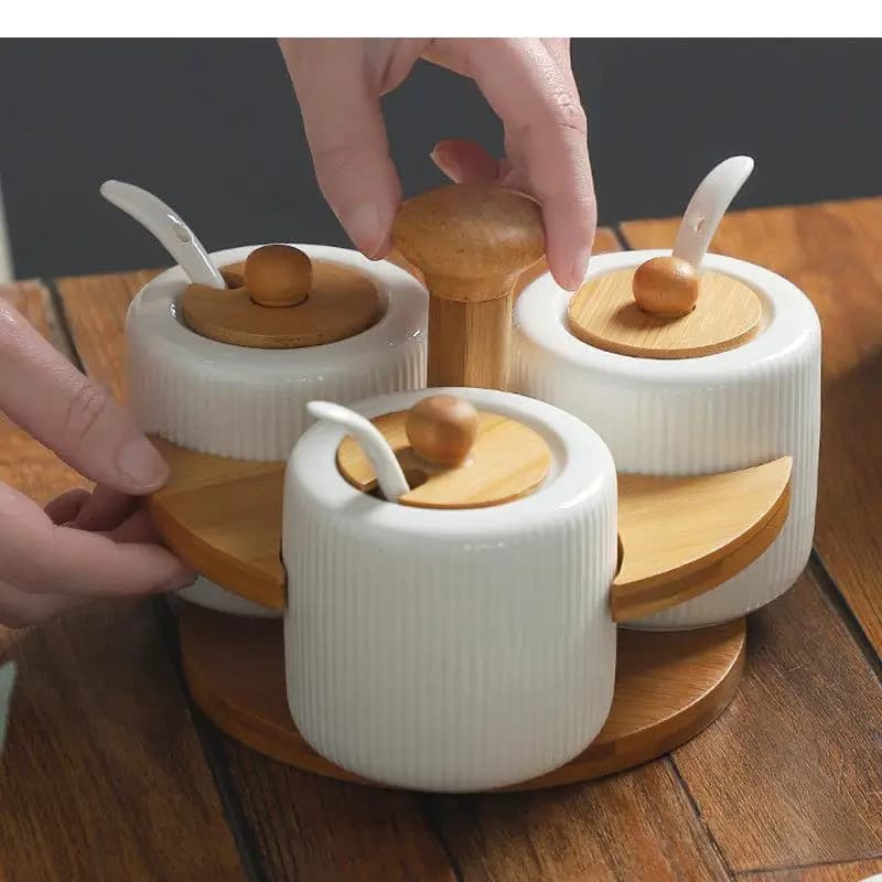 Barattolo per condimenti in ceramica Barattoli per spezie Supporto in legno Saliera e pepe Set da 3 pezzi Accessori per scatole da cucina per la casa