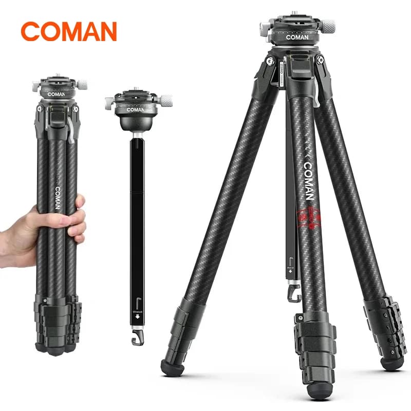 Treppiede da Viaggio Professionale Coman Zero Y in Fibra di Carbonio 360 ° Testa a sfera con piastra a sgancio rapido Arca Swiss per fotocamere DSLR Nikon Canon Sony