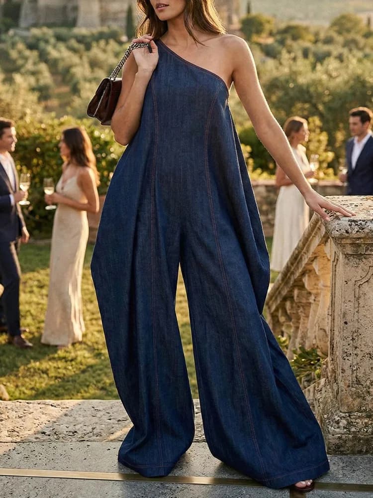 UOOZEE Tuta Intera Monospalla da Donna in Cotone Effetto Denim, Nuova Collezione 2026, Senza Maniche, Vita Alta, Gamba Larga, Stile Casual Streetwear