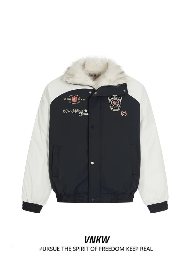 Thickened Retro Embroidery Cotton Jacket for Men And Women with Fur Collar Loose Fit Mountain Eagle Pattern Casual Outerwear