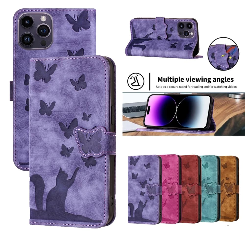 Butterfly Cat Leather Wallet Case for Xiaomi 15 14 11T 12T 13T 14T 15T POCO M3 M6 Plus X5 X3 Pro C65 C75 4G C85 Book Stand Cover