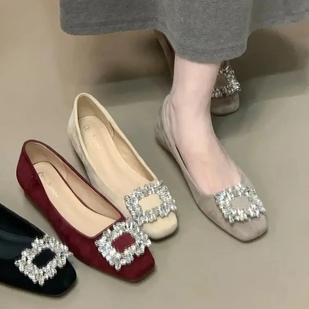 Single shoes with French square heel with square tip and rhinestones, single shoes with low heel for autumn commuters 2025 for women