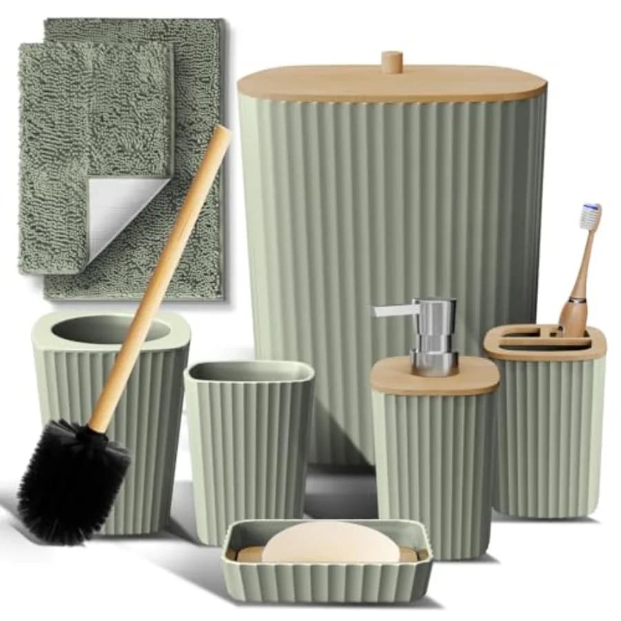 Set da Bagno Clara - Set di Accessori da Bagno Verde Salvia 6 Pezzi con Tappeti, Porta Carta Igienica, Cestino e Altro